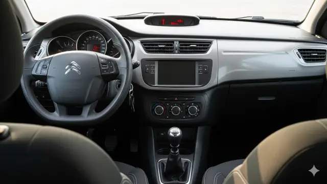 citroen-c-elysee-ic-kokpit.webp Citroën C-Elysee model aracın iç kokpiti, direksiyon simidi ve ön konsolu.