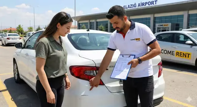 Come Rent görevlisi ve müşteri aracın çevresini dolaşarak durumu birlikte kontrol eder ve form doldurur