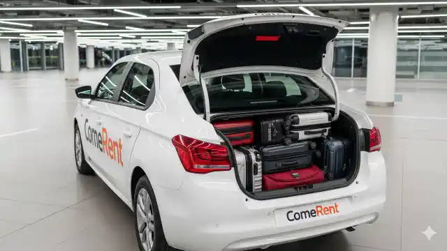 come-rent-citroen-c-elysee-bagaj-kapasitesi-valizli.webp ComeRent'e ait Citroën C-Elysee modelinin geniş bagaj kapasitesini gösteren, ağzına kadar renkli valizlerle dolu arka bagaj görünümü.