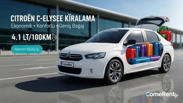 come-rent-citroen-c-elysee-kiralama-havalimani-arac-teslimi.webp ComeRent'ten kiralanan beyaz Citroën C-Elysee, İstanbul Havalimanı'nda teslimat için hazır beklerken, aracın açık olan geniş bagajı renkli valizlerle dolu bir şekilde görülüyor.