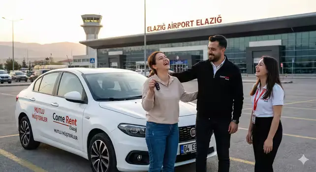 Come Rent Elazığ ekibi ve mutlu bir müşteri aracın yanında gülerken, samimi bir sohbet anı