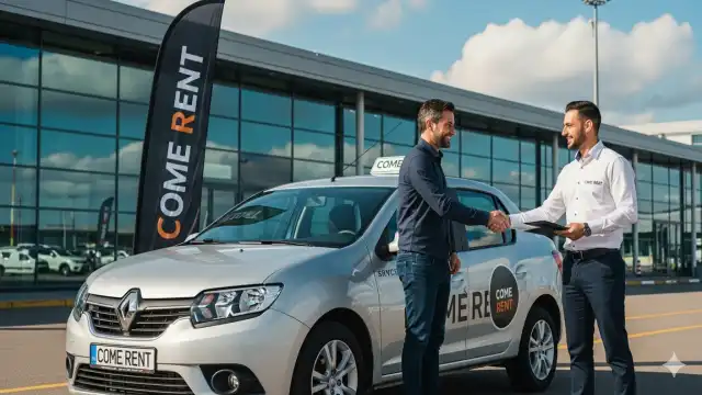 İstanbul Havalimanı'nda Come Rent çalışanı, temiz bir Renault Symbol'ü müşteriye teslim ederken