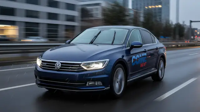 Mavi renkli Volkswagen Passat, üzerinde Come Rent'ten kiralanmış bir araç yolda ilerliyor.