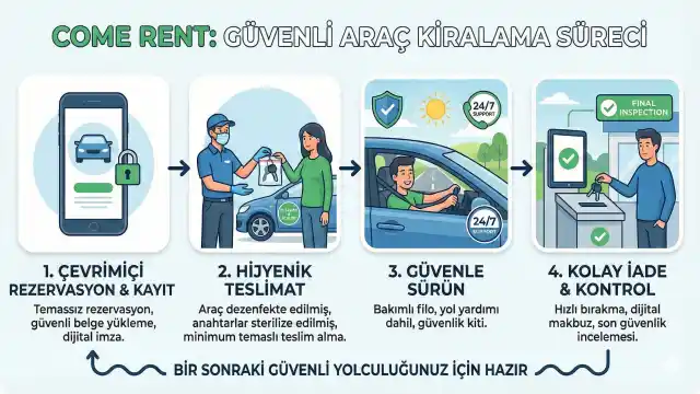 Şanlıurfa Come Rent firmasının uyguladığı güvenli araç kiralama sürecini; online rezervasyon, araç dezenfeksiyonu, temassız işlemler ve güvenli teslimat aşamalarıyla gösteren bilgilendirme grafiği.