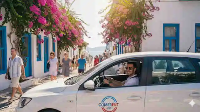 Come Rent'ten kiraladığı beyaz renkli aracıyla Bodrum'un begonvillerle süslü taş sokaklarında keyifle gezen bir turist.