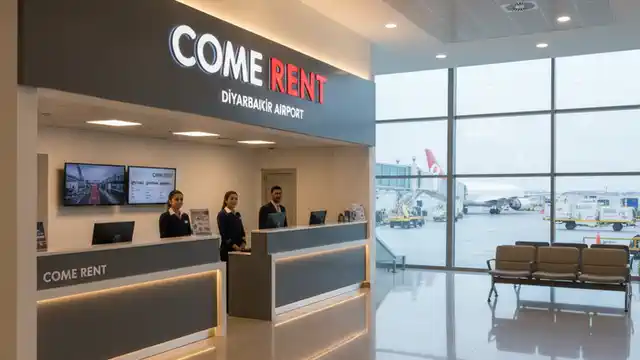 Come Rent Diyarbakır Havalimanı ofisinin, marka logosu tabelada belirgin bir şekilde yer aldığı, çalışanların banko arkasında durduğu, geniş camlardan pist ve uçakların göründüğü iç mekan görüntüsü.