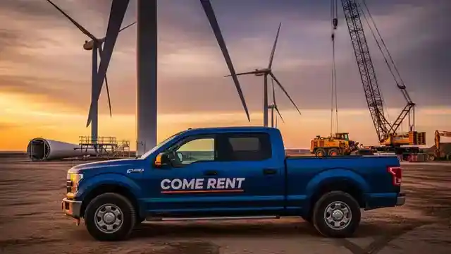 Zorlu bir şantiye ortamında, rüzgar türbinlerinin önünde duran Come Rent logolu pickup ile proje bazlı ve zorlu koşullara özel araç kiralama hizmetleri.