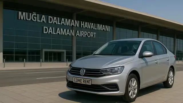Come Rent company vehicle in front of the modern terminal building of Muğla Dalaman Airport.