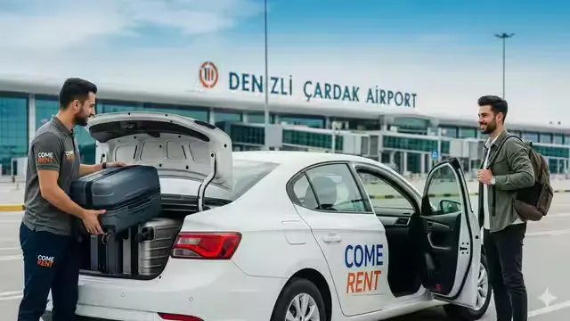 denizli-cardak-havalimani-bagaj-tasima-hizmeti-comerent.webp Denizli Çardak Havalimanı (DNZ) otoparkında Come Rent personeli tarafından bagaj yerleştirme ve araç teslimatı.