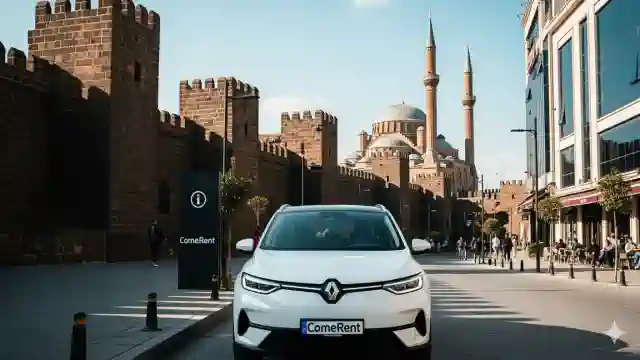 Come Rent kiralık beyaz sedan araç Diyarbakır'da yolda, şehir surları ve modern binalarla çevrili, hızlı ve konforlu seyahati vurgulayan ticari fotoğraf.