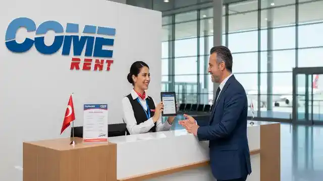 Diyarbakır Havalimanı terminalinde Come Rent bankosunda güler yüzlü bir müşteri temsilcisi, bir müşteriye tablet üzerinden araç teslimatı yaparken.