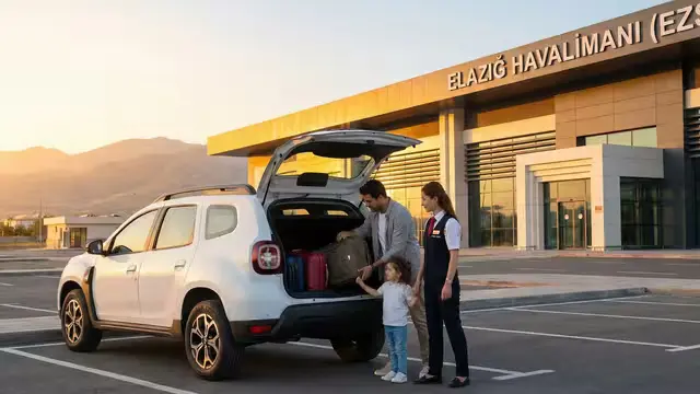 Elazığ Havalimanı (EZS) terminali önünde kiraladıkları aracın bagajına bavullarını yerleştiren çocuklu bir aile.