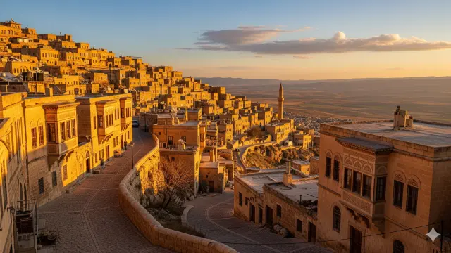 Eski Mardin'de tarihi taş evler, dar sokaklar ve geleneksel mimari. Mardin'in otantik şehir dokusunu yansıtan bir görünüm