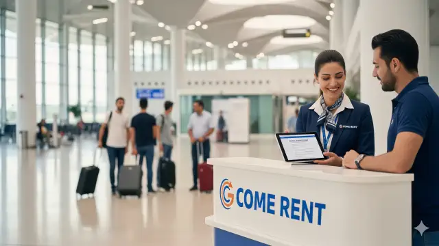 Gaziantep Havalimanı terminalinde, güler yüzlü bir Come Rent personeli, kiralama bankosunda bir müşteriye tablet üzerinden araç kiralama işlemlerinde yardımcı oluyor.