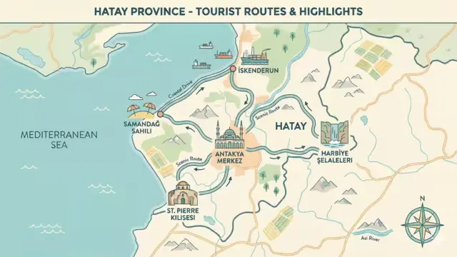 Hatay gezi rotaları haritası: Antakya, Samandağ, Harbiye ve çevre bölgeler