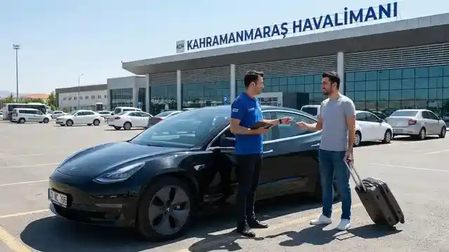 Havalimanı Araç Teslimatı Kahramanmaraş Havalimanı terminali önünde Come Rent personelinin tablet kullanarak dijital ve hızlı araç teslimatı yapması.