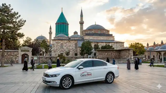 Konya Mevlana Müzesi ve önünden geçen bir Come Rent aracı