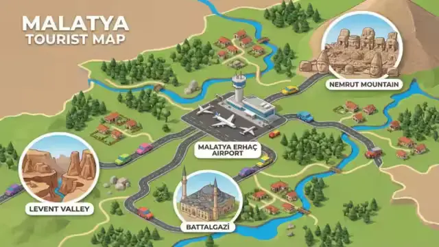 Malatya gezi rotaları haritası: Nemrut Dağı, Levent Vadisi, Battalgazi, Darende güzergahları