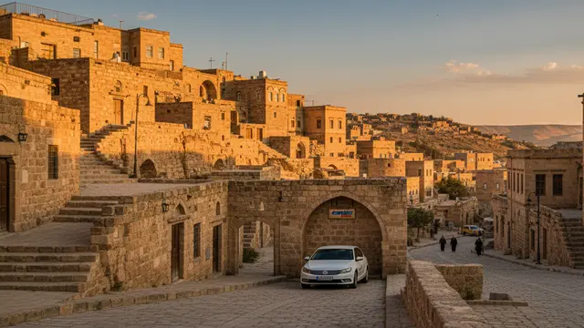 Mardin eski şehir dokusunu yansıtan tarihi taş evler ve sokaklar arasında Come Rent kiralık araç ile gezi