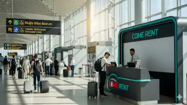 Muğla Milas-Bodrum Havalimanı terminalinde Comerent araç kiralama bankosu ve çevresindeki hareketlilik.