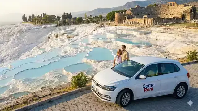 pamukkale-hierapolis-arac-kiralama-gezi-comerent.webp Pamukkale travertenleri ve Hierapolis antik kenti manzarası eşliğinde Come Rent kiralık araç ile seyahat eden bir çift
