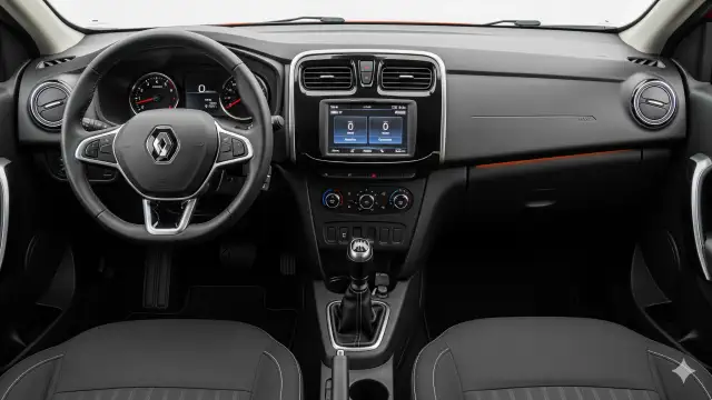 Clean and ergonomic interior design of the Renault Symbol, featuring touchscreen and steering details