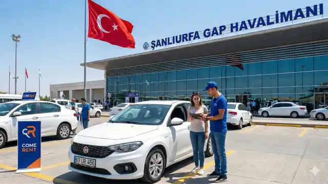 Şanlıurfa GAP Havalimanı terminal çıkışında, Come Rent kurumsal kıyafetli personeli, müşteriye tablet kullanarak dijital sözleşme onayı ile güvenli ve hızlı araç teslimatı yapıyor.