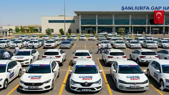 ,Şanlıurfa GAP Havalimanı otoparkında sergilenen Come Rent firmasına ait kiralık araç filosu