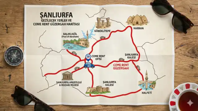 Şanlıurfa'da gezilecek yerler ve Come Rent güzergah haritası