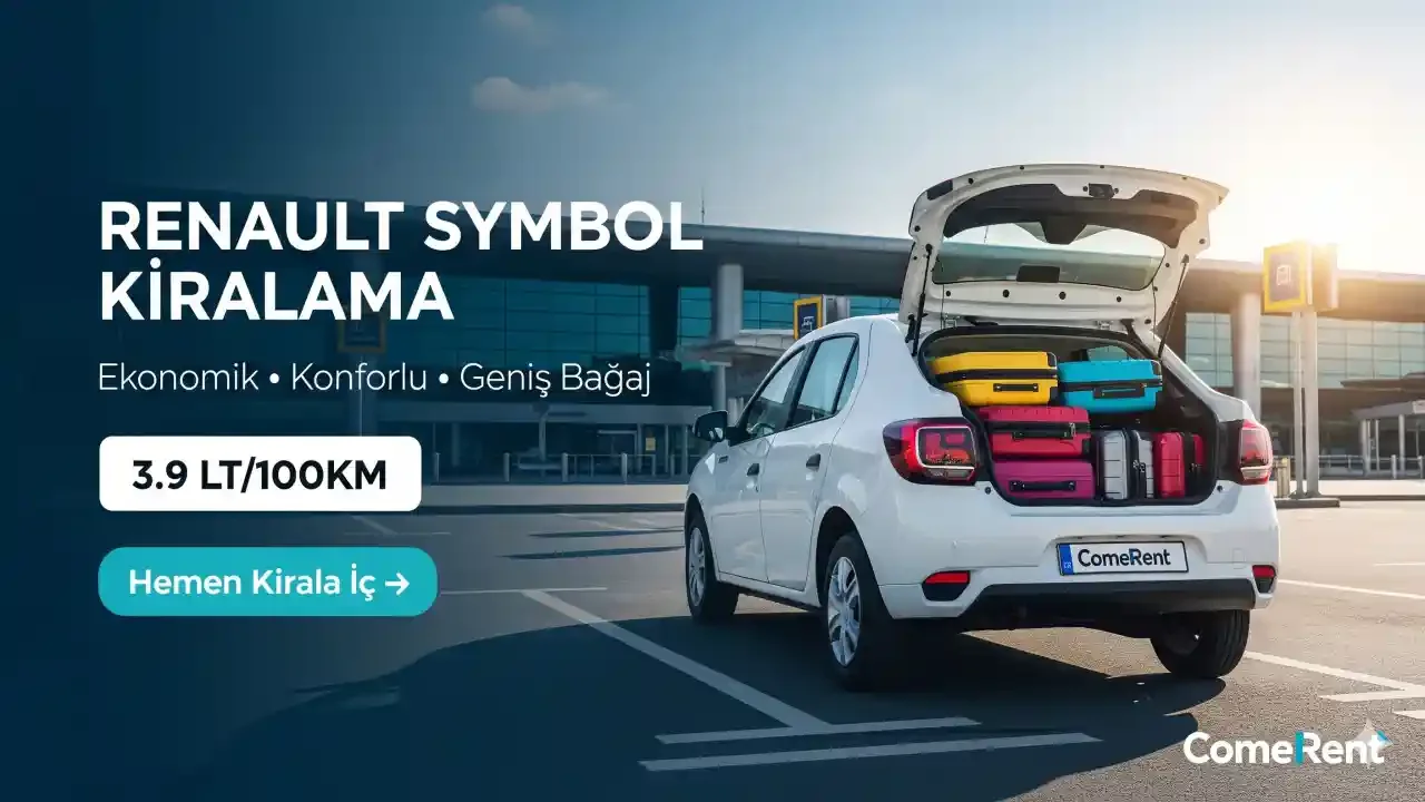 White Renault Symbol rental car parked at Istanbul Airport with an open trunk filled with luggage, showcasing its large cargo capacity.