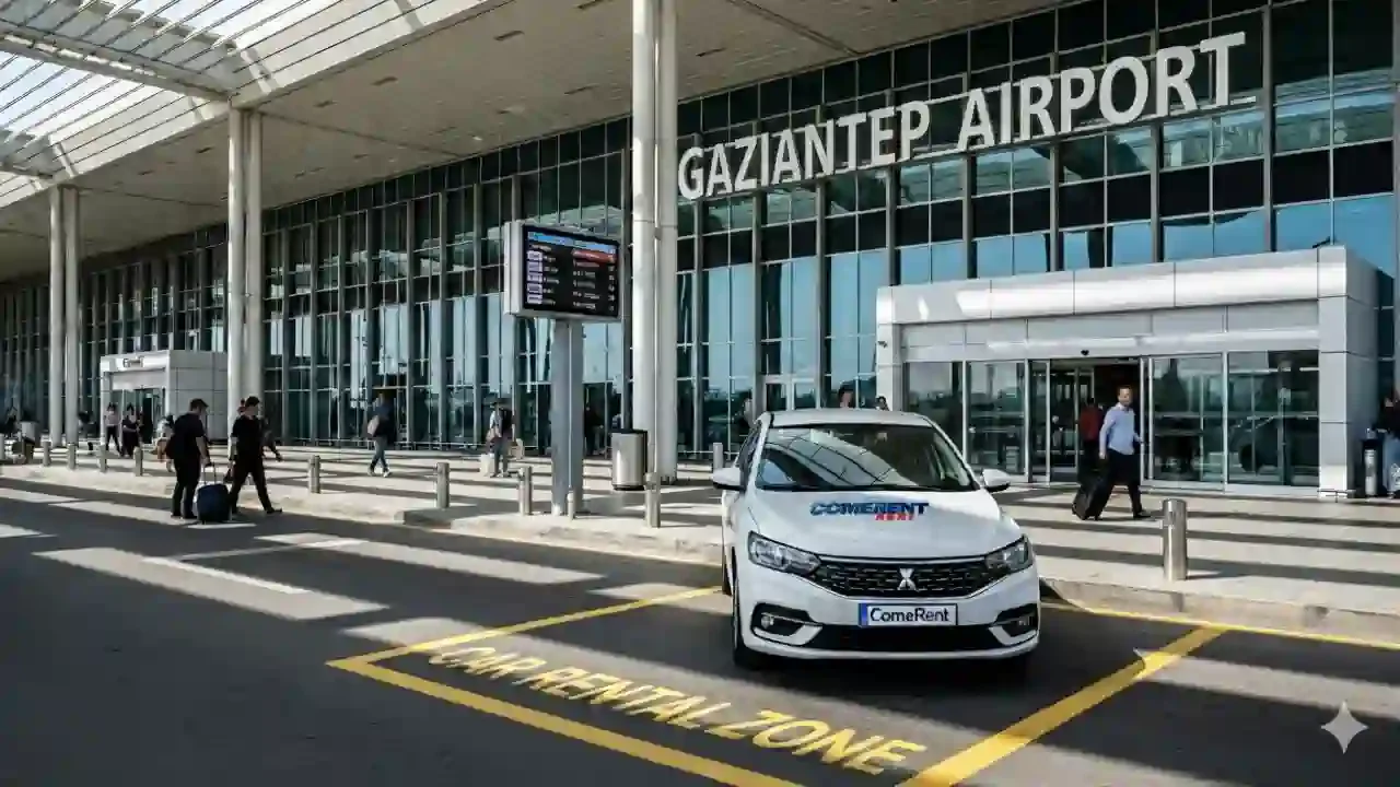Gaziantep Havalimanı'nda bir Come Rent kiralık aracın bulunduğu modern terminal görüntüsü. Parlak gün ışığında, ön planda beyaz bir sedan ve arka planda yolcularla dolu terminal binası yer alıyor.