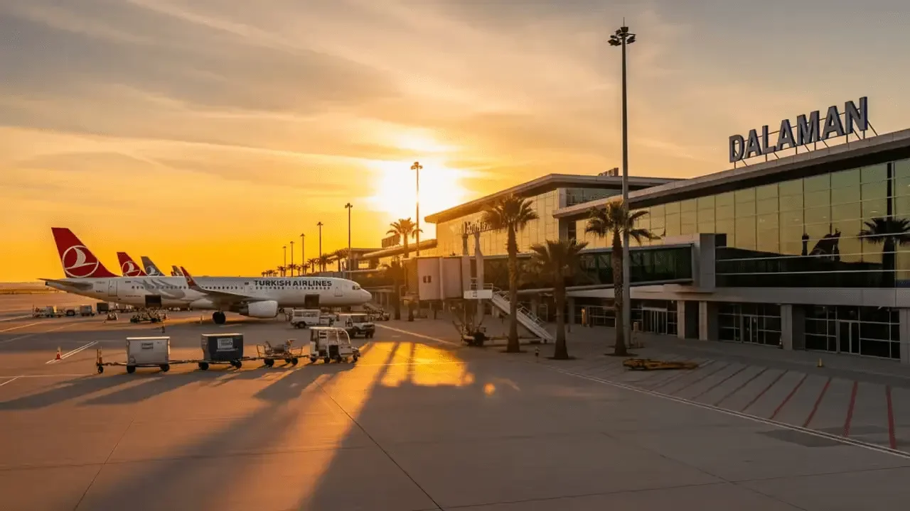 Mugla Dalaman Flughafen terminal Gebäude und Flugzeuge warten auf Vorfeld, Blick auf den Sonnenuntergang