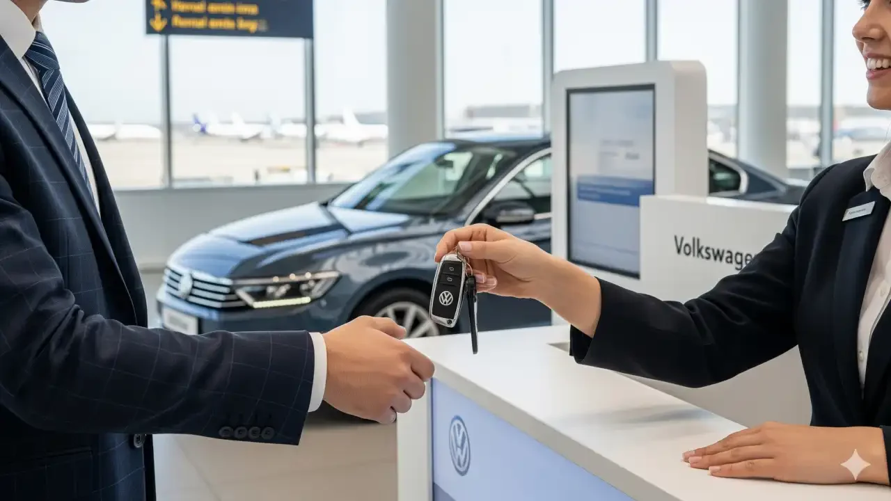 Havalimanı çıkışında şık giyimli bir iş insanı, Come Rent personelinden parlak siyah Volkswagen Passat'ın anahtarını teslim alıyor.